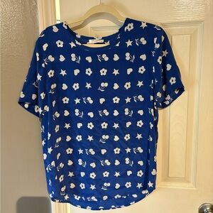 Equipment Blue Top with White Floral and Star Design